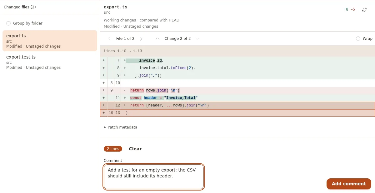 Grindhouse review interface: changed files beside a highlighted diff with lines selected for a code comment.